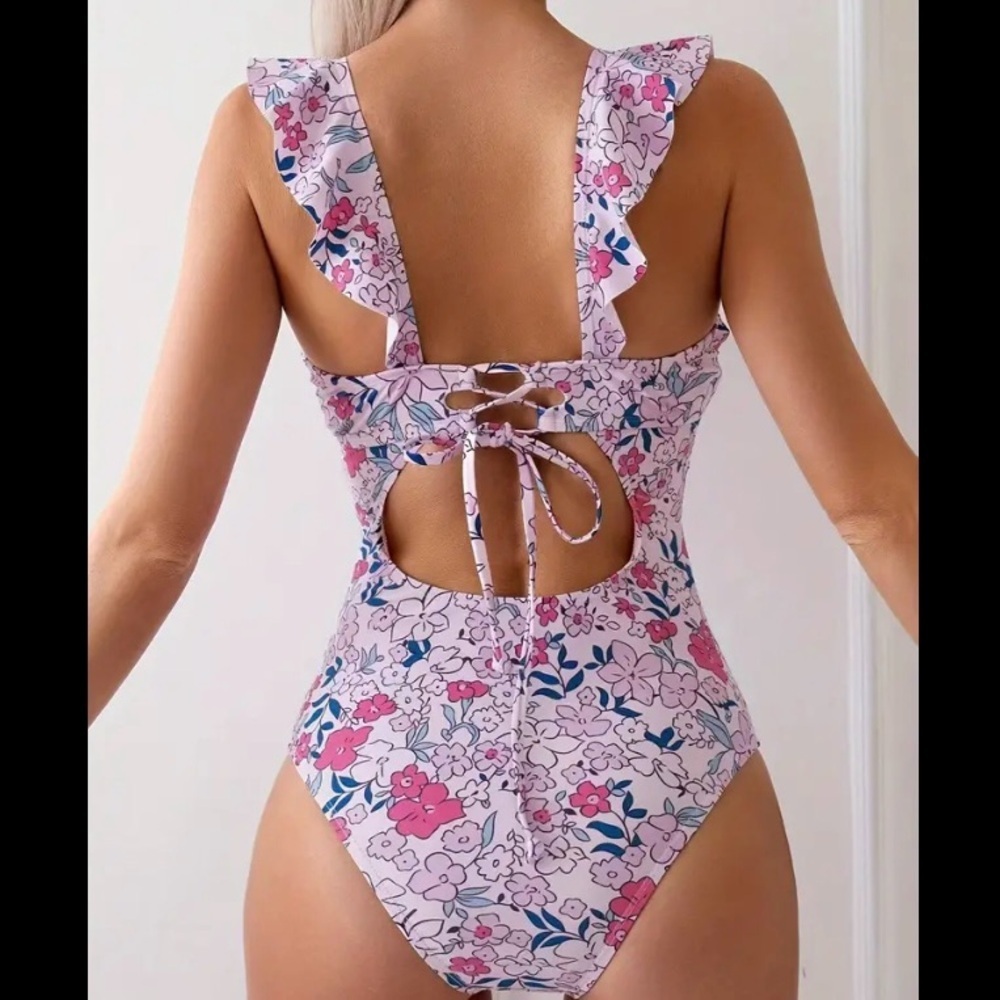 One Piece Swimsuit with Ruffled V-Neck with Open Back - Picture 4 of 16